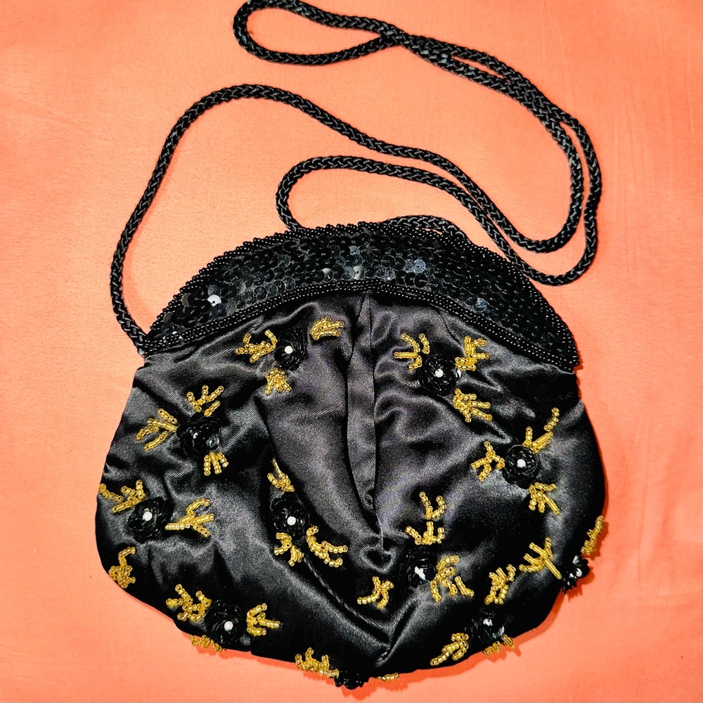 Vintage The Furst Collection Black Beaded Sequin Evening Bag Clutch Purse